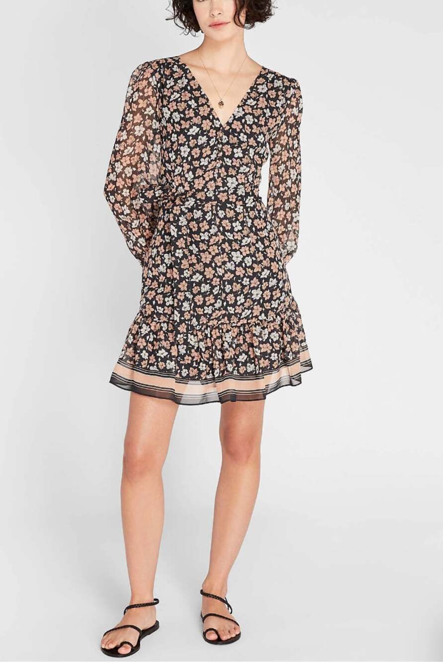 Club Monaco Floral Print V-Neck Mini Dress Grey